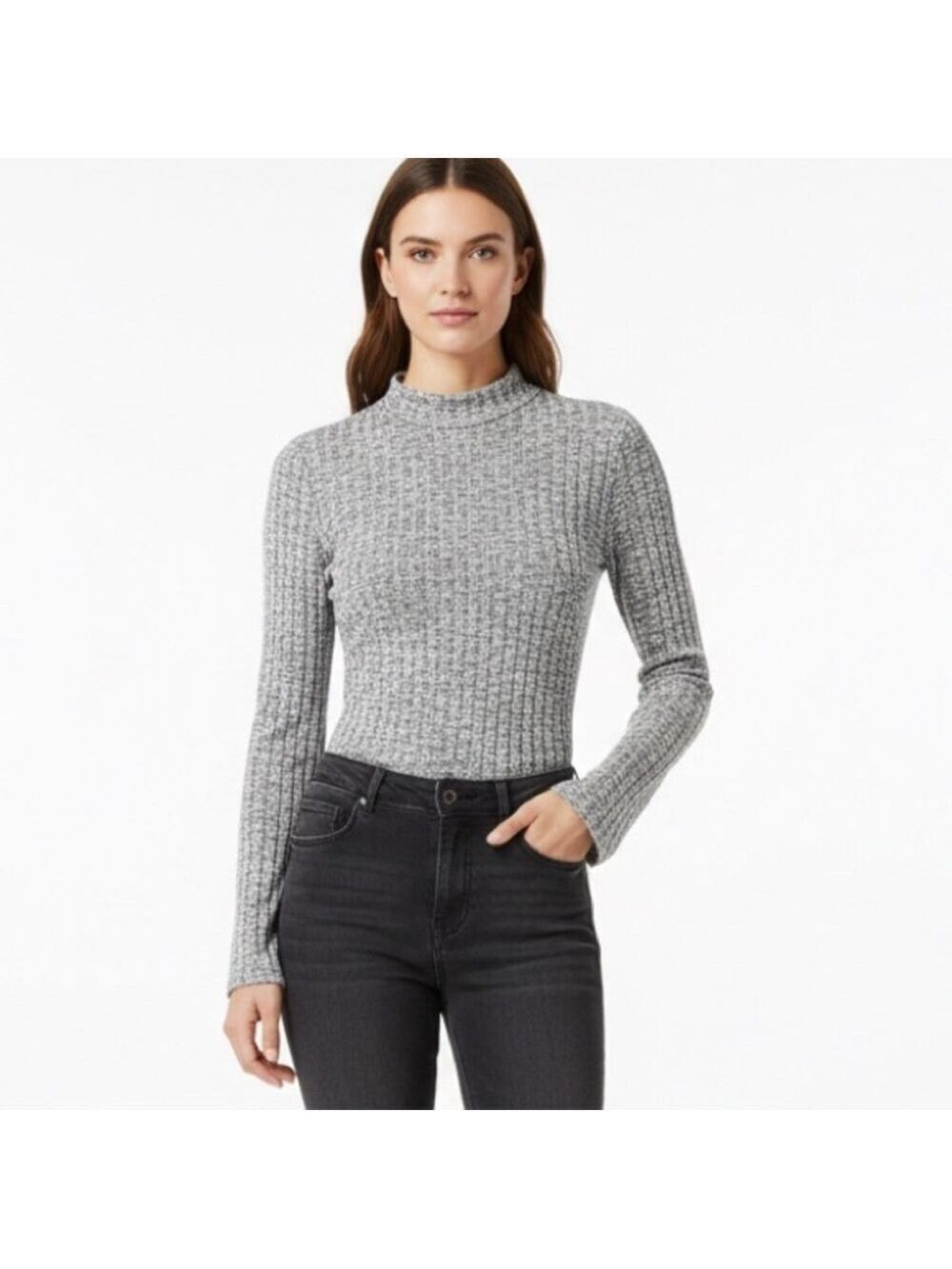 Marled Reunited Clothing Mock Neck Semi Sheer Sweater Ling Sleeve Top - Size L